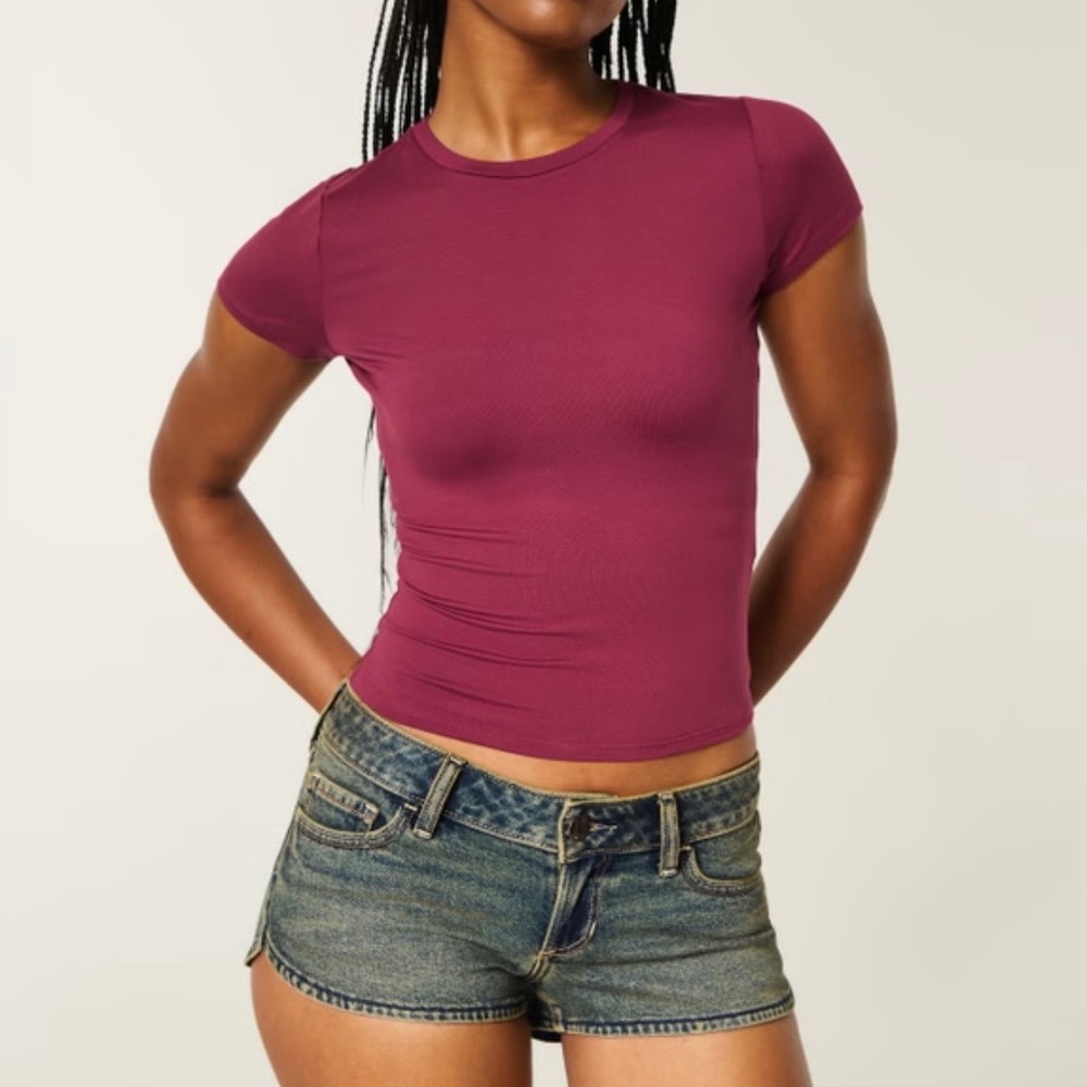 Hollister Slim Fit Baby Tee Women XXS Burgundy Maroon Short Sleeve Crew Neck Top